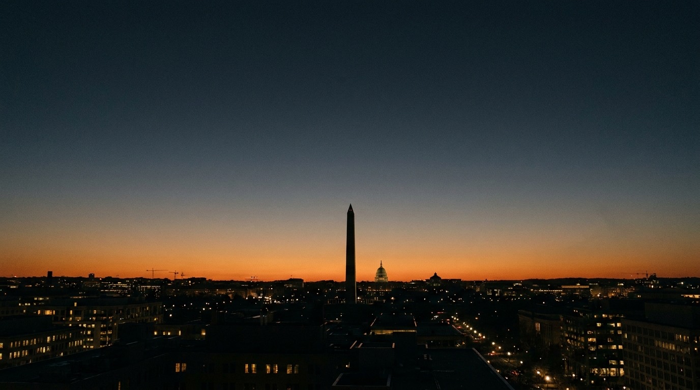 Washington DC skyline with the Washington Monument at dusk