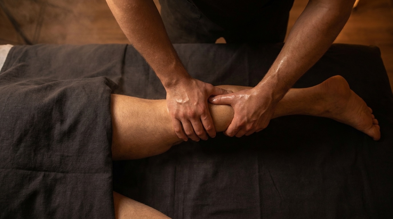 Strong hands pressing into the shoulders of an athletic man