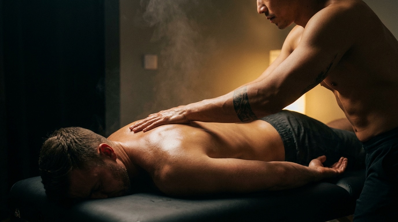 A masseur gliding deep forearm pressure along a muscular back