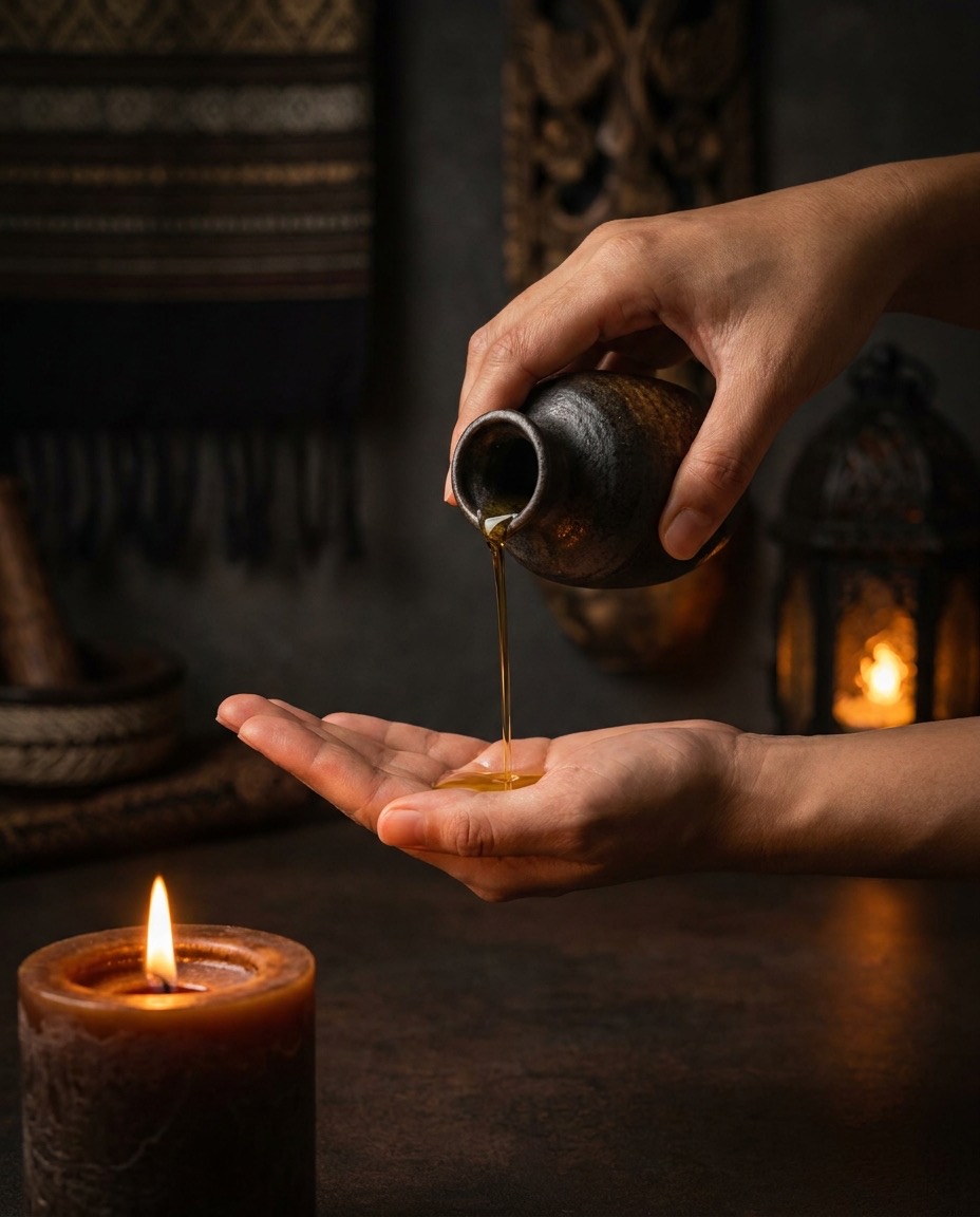 Warm massage oil poured into an open palm by candlelight