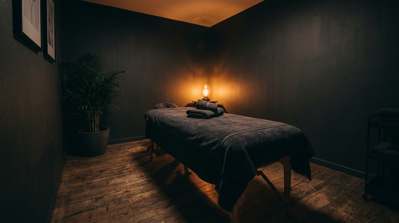 A private massage studio with a warm lamp, dark linens, and a massage table